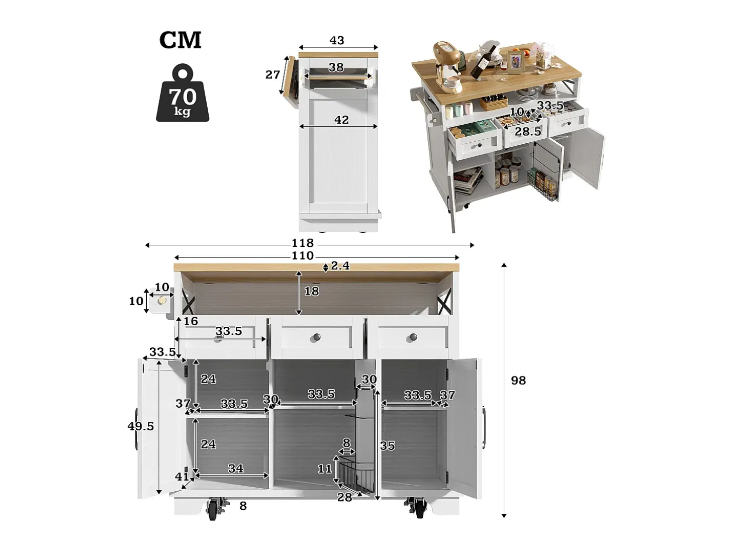 Isla central blanca con encimera efecto madera, 3 cajones de almacenamiento y 3 puertas