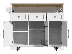 Isla central blanca con encimera efecto madera, 3 cajones de almacenamiento y 3 puertas
