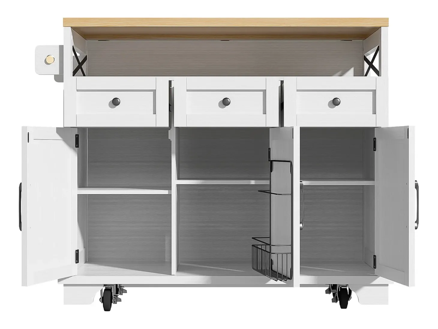 Isla central blanca con encimera efecto madera, 3 cajones de almacenamiento y 3 puertas