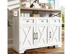 Isla central blanca con encimera efecto madera, 3 cajones de almacenamiento y 3 puertas