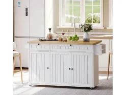 Isla central con encimera abatible - 137 x 45/70 x 89,5 cm - con 2 cajones + 3 puertas - MDF - blanco