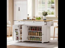 Isla central con encimera abatible - 137 x 45/70 x 89,5 cm - con 2 cajones + 3 puertas - MDF - blanco