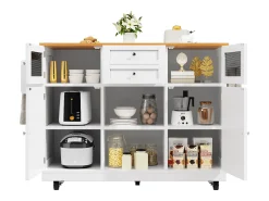 Isla central con ruedas - 140 x 40 x 93,5 cm - con encimera + 2 puertas + 2 cajones - MDF - blanco