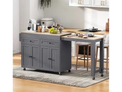 Isla central con ruedas - Isla de cocina extensible con encimera + 2 cajones - MDF - gris