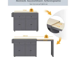 Isla central con ruedas - Isla de cocina extensible con encimera + 2 cajones - MDF - gris