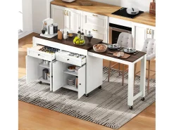 Isla central con ruedas - extensible con encimera + 2 cajones - MDF - blanco + marrón
