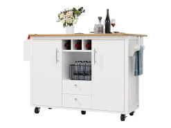 Isla central con ruedas - 137,9 x 45/73 x 92 cm - tapa abatible + 2 cajones + botellero - MDF + Metal - blanco