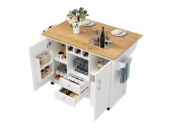 Isla central con ruedas - 137,9 x 45/73 x 92 cm - tapa abatible + 2 cajones + botellero - MDF + Metal - blanco