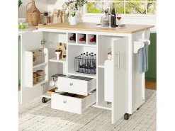 Isla central con ruedas - 137,9 x 45/73 x 92 cm - tapa abatible + 2 cajones + botellero - MDF + Metal - blanco