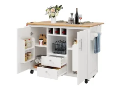 Isla central con ruedas - 137,9 x 45/73 x 92 cm - tapa abatible + 2 cajones + botellero - MDF + Metal - blanco