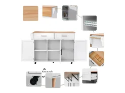Isla central con ruedas - 129 x 46/71 x 91,5 cm - tapa abatible - con 3 puertas + 2 cajones - MDF - blanco