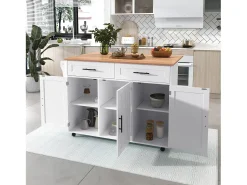Isla central con ruedas - 129 x 46/71 x 91,5 cm - tapa abatible - con 3 puertas + 2 cajones - MDF - blanco