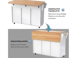 Isla central con ruedas - 129 x 46/71 x 91,5 cm - tapa abatible - con 3 puertas + 2 cajones - MDF - blanco