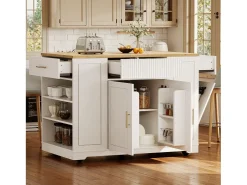 Isla central con ruedas - 120 x 50 x 92 cm - con compartimento para basura + 2 puertas y 3 cajones - MDF + Metal - blanco
