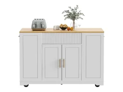 Isla central con ruedas - 120 x 50 x 92 cm - con compartimento para basura + 2 puertas y 3 cajones - MDF + Metal - blanco