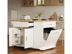 Isla central con ruedas - 120 x 50 x 92 cm - con compartimento para basura + 2 puertas y 3 cajones - MDF + Metal - blanco
