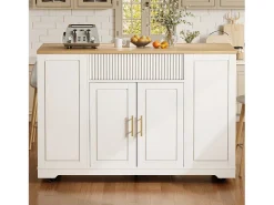 Isla central con ruedas - 120 x 50 x 92 cm - con compartimento para basura + 2 puertas y 3 cajones - MDF + Metal - blanco