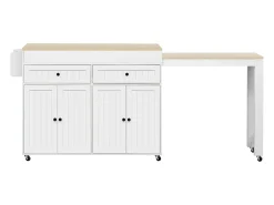 Isla central con ruedas - Isla de cocina extensible con encimera + 2 cajones - MDF - blanco