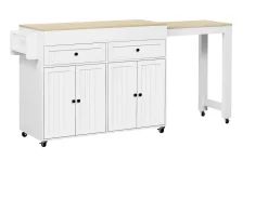 Isla central con ruedas - Isla de cocina extensible con encimera + 2 cajones - MDF - blanco