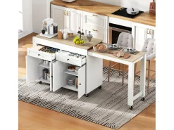 Isla central con ruedas - Isla de cocina extensible con encimera + 2 cajones - MDF - blanco