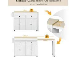 Isla central con ruedas - Isla de cocina extensible con encimera + 2 cajones - MDF - blanco