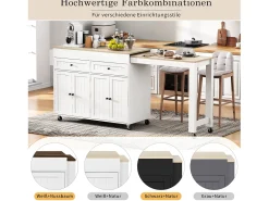 Isla central con ruedas - Isla de cocina extensible con encimera + 2 cajones - MDF - blanco