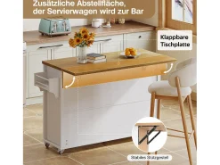 Isla central con ruedas y encimera abatible + 4 puertas + 3 cajones - 140 x 43(70) x 90,5 cm - blanco