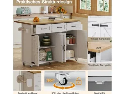 Isla central con ruedas y encimera abatible + 4 puertas + 3 cajones - 140 x 43(70) x 90,5 cm - blanco