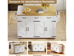 Isla central con ruedas y encimera abatible + 4 puertas + 3 cajones - 140 x 43(70) x 90,5 cm - blanco