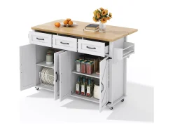 Isla central con ruedas y encimera abatible + 4 puertas + 3 cajones - 140 x 43(70) x 90,5 cm - blanco