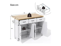 Isla central con ruedas y encimera abatible + 4 puertas + 3 cajones - 140 x 43(70) x 90,5 cm - blanco