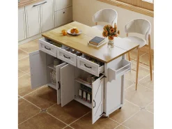 Isla central con ruedas y encimera abatible + 4 puertas + 3 cajones - 140 x 43(70) x 90,5 cm - blanco