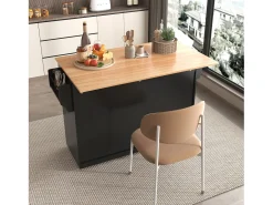 Isla central de cocina - 2 cajones y 4 compartimentos - patas con ruedas o de madera - Negro