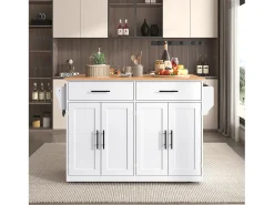 Isla central de cocina - 2 cajones y 4 compartimentos - patas con ruedas o de madera - Blanco