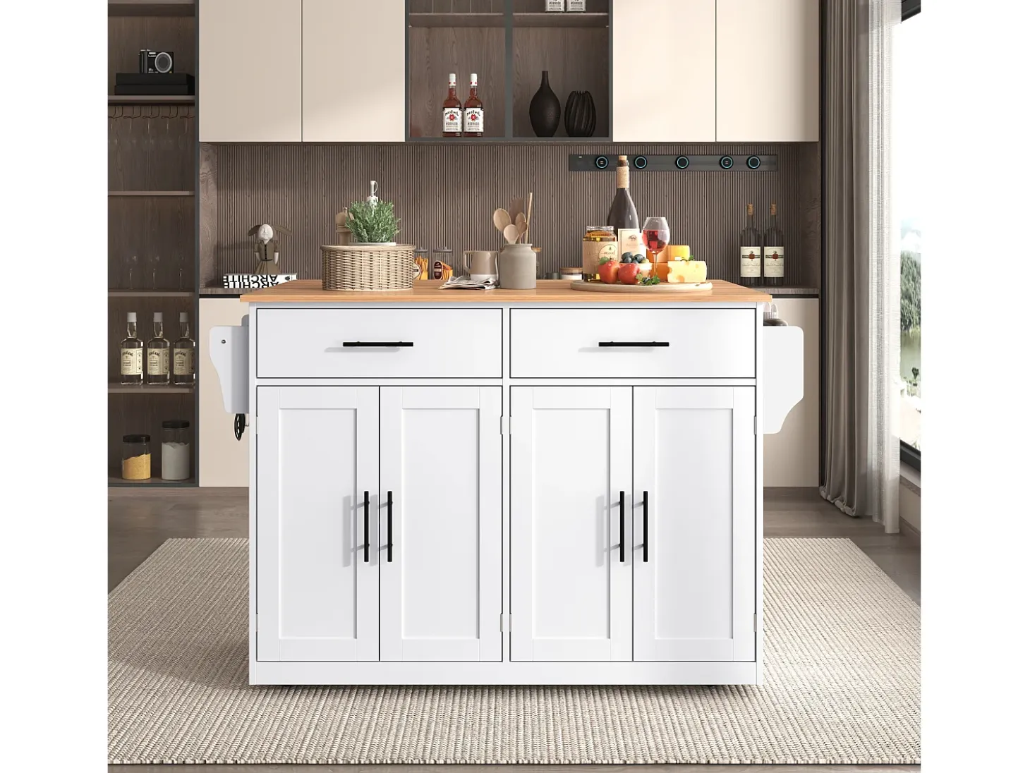 Isla central de cocina - 2 cajones y 4 compartimentos - patas con ruedas o de madera - Blanco
