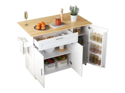 Isla central de cocina - con mostrador plegable - múltiples compartimentos de almacenamiento - Blanco