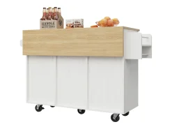 Isla central de cocina - carrito con ruedas y plancha extensible - 3 cajones y 2 puertas - Blanco