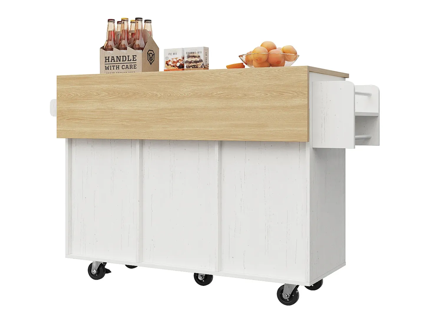 Isla central de cocina - carrito con ruedas y plancha extensible - 3 cajones y 2 puertas - Blanco