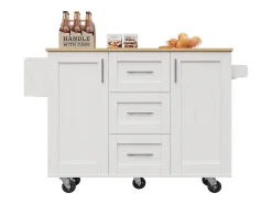 Isla central de cocina - carrito con ruedas y plancha extensible - 3 cajones y 2 puertas - Blanco