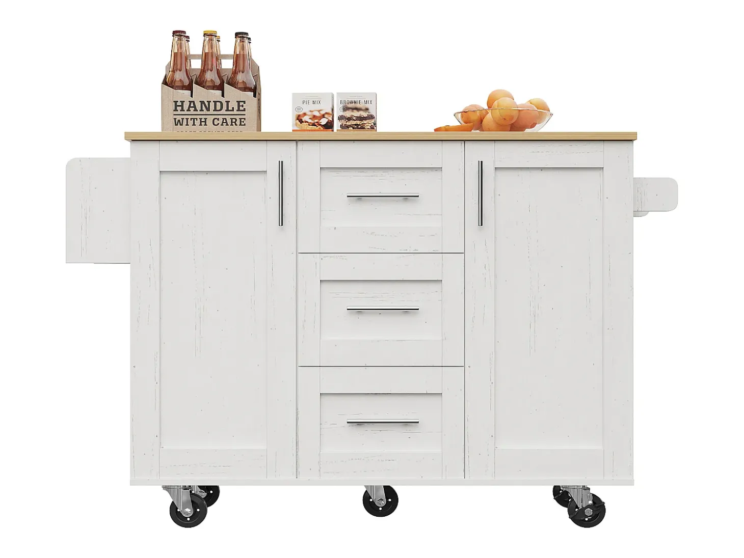 Isla central de cocina - carrito con ruedas y plancha extensible - 3 cajones y 2 puertas - Blanco