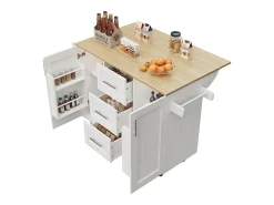 Isla central de cocina - carrito con ruedas y plancha extensible - 3 cajones y 2 puertas - Blanco