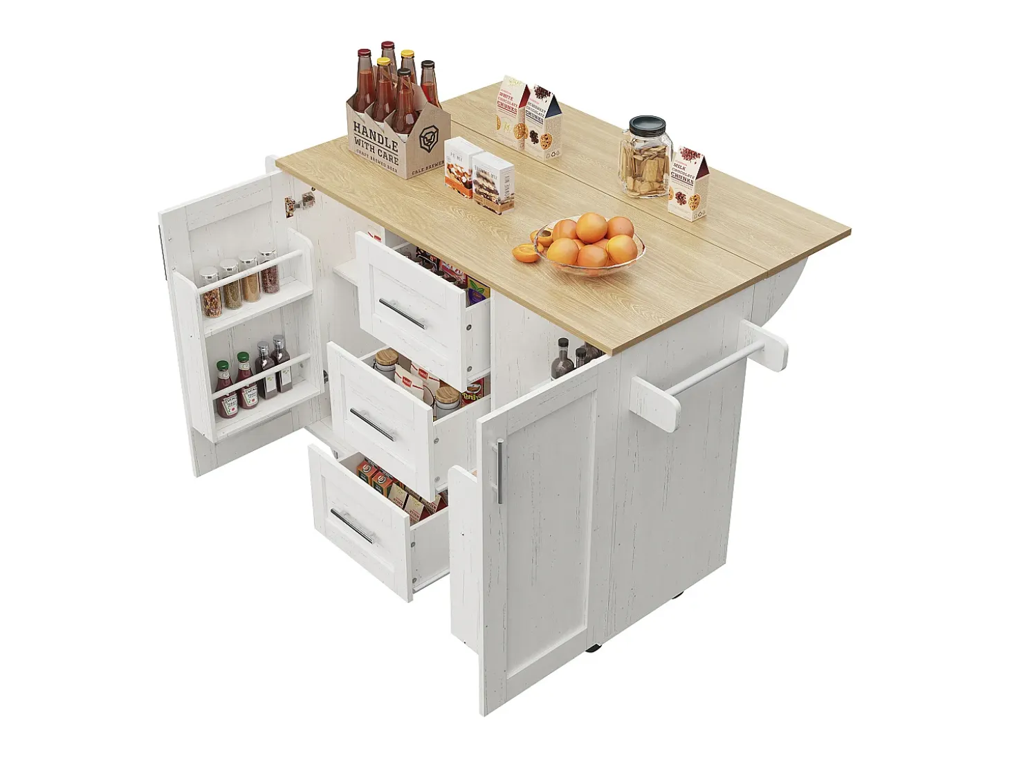 Isla central de cocina - carrito con ruedas y plancha extensible - 3 cajones y 2 puertas - Blanco