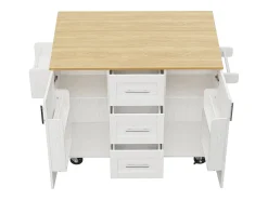 Isla central de cocina - carrito con ruedas y plancha extensible - 3 cajones y 2 puertas - Blanco