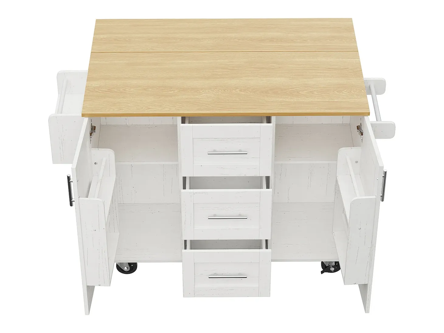 Isla central de cocina - carrito con ruedas y plancha extensible - 3 cajones y 2 puertas - Blanco