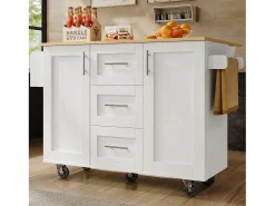 Isla central de cocina - carrito con ruedas y plancha extensible - 3 cajones y 2 puertas - Blanco