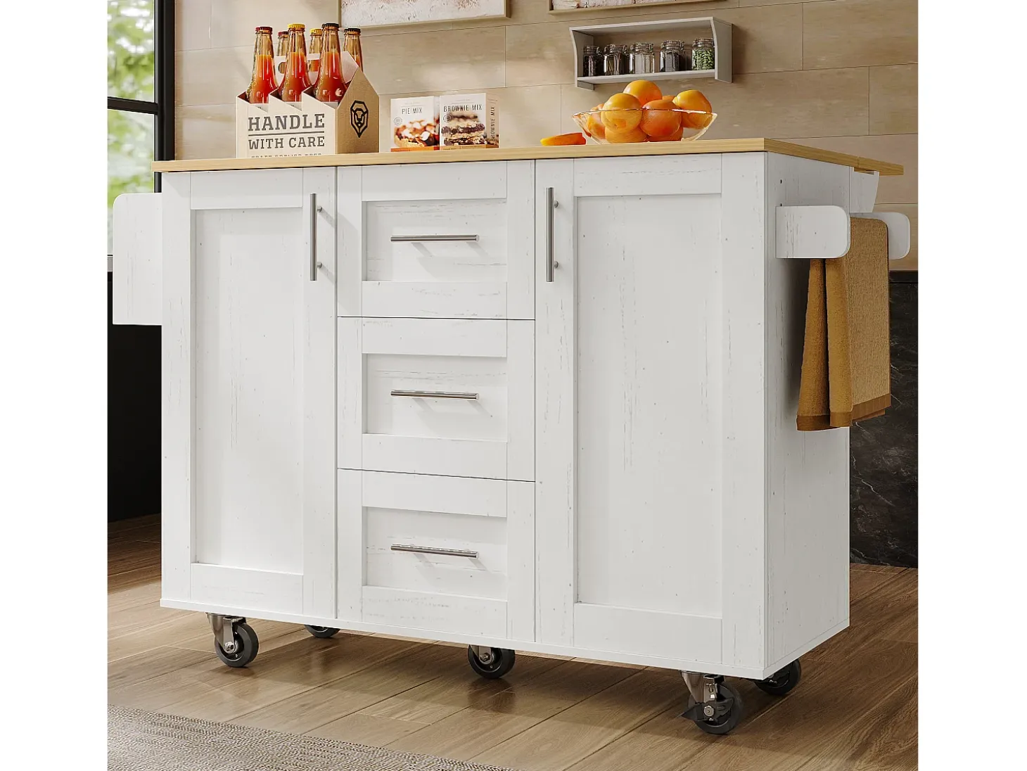 Isla central de cocina - carrito con ruedas y plancha extensible - 3 cajones y 2 puertas - Blanco