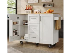 Isla central de cocina - carrito con ruedas y plancha extensible - 3 cajones y 2 puertas - Blanco