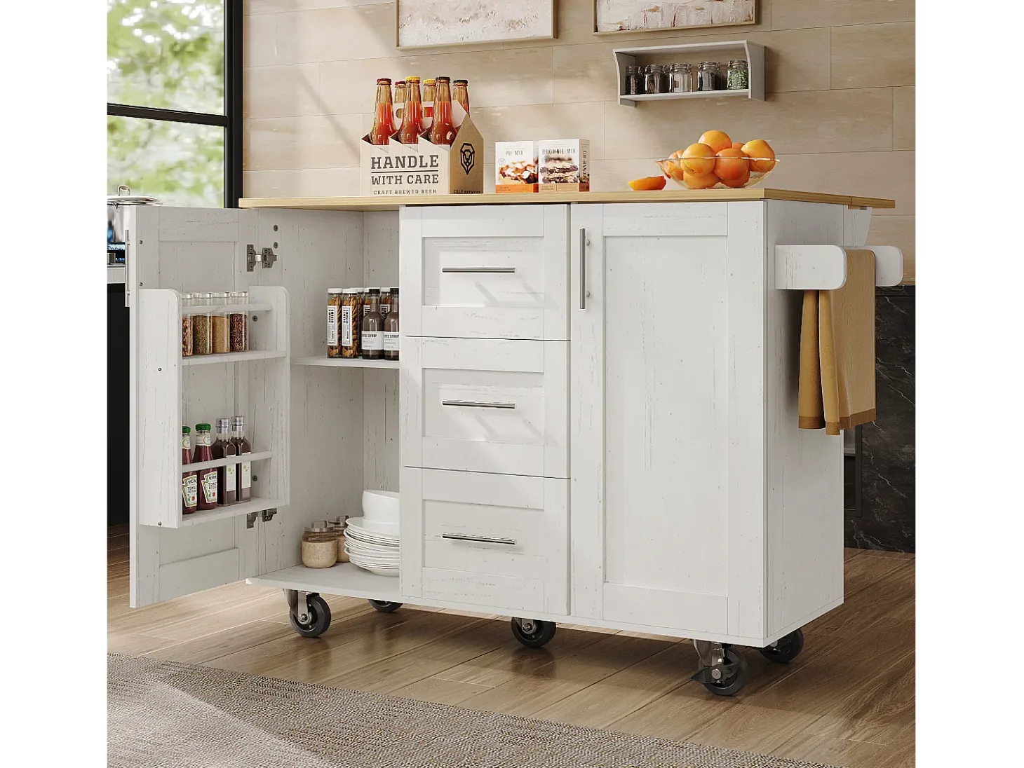 Isla central de cocina - carrito con ruedas y plancha extensible - 3 cajones y 2 puertas - Blanco