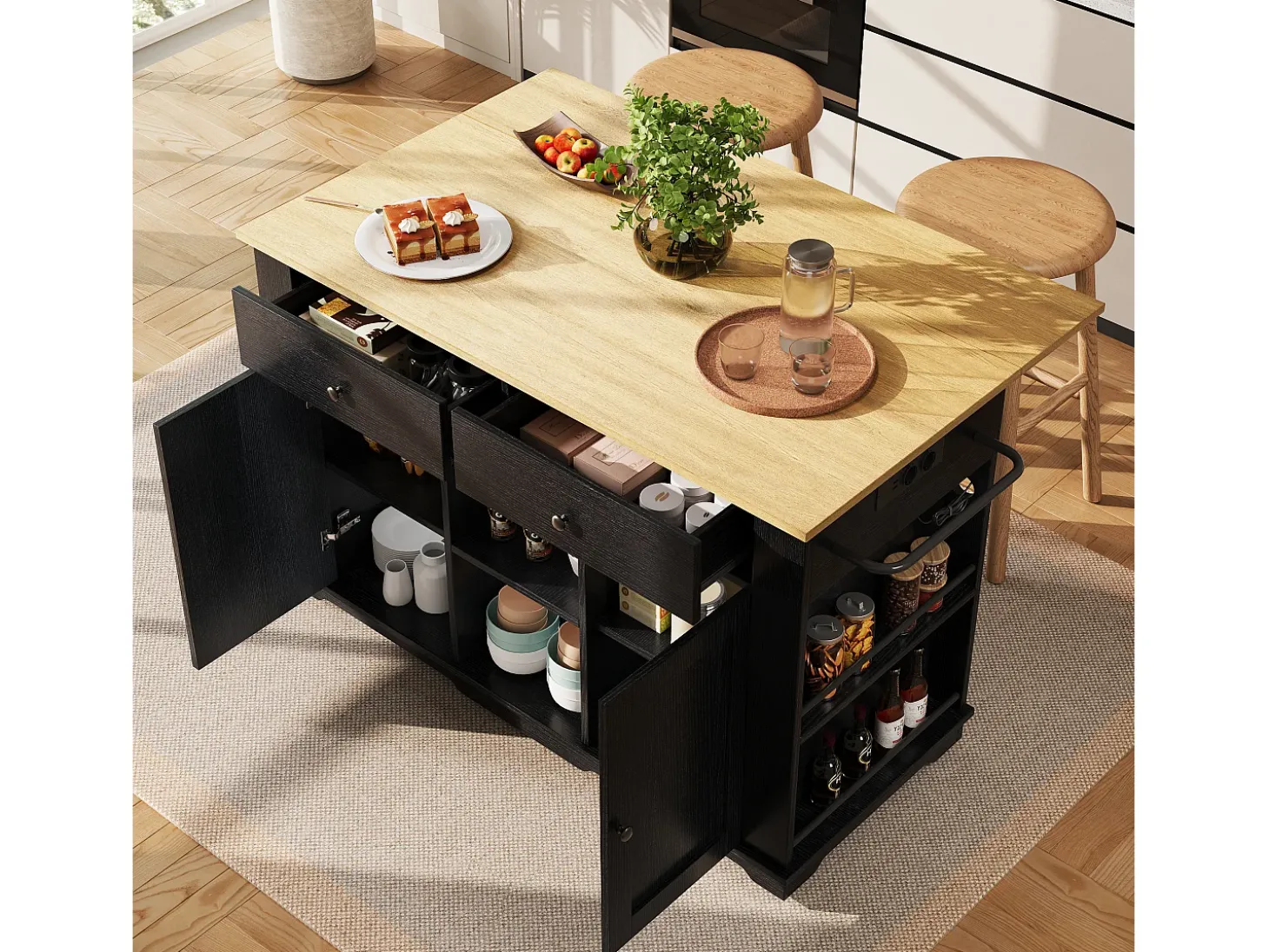 Isla central de cocina - carrito con ruedas y tomas - con plancha extensible - 2 puertas 2 cajones y 2 compartimentos - Negro