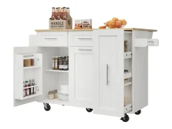 Isla central de cocina - carrito con ruedas y plancha retráctil - 2 cajones y 2 puertas - Blanco